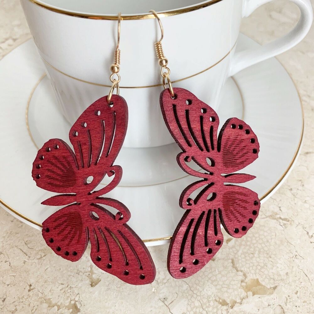 Butterfly Earrings NEW Redwood Cutouts Lightweight Dangle French Hooks Boho - Picture 6 of 8